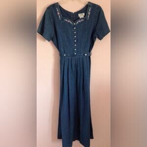 Vintage Erika denim maxi dress with embroidered neckline size small